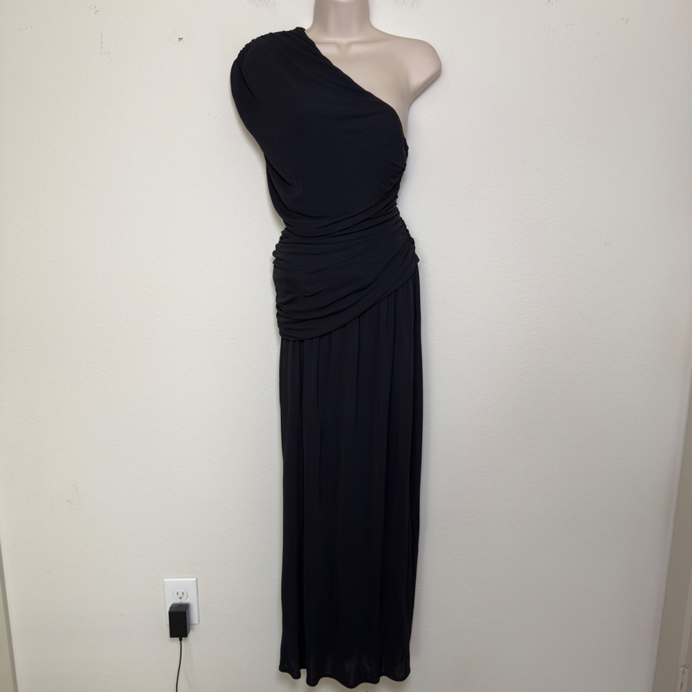 Helsa Women The Apolla Jersey Dress Medium Caviar Black One Shoulder Maxi Ruched